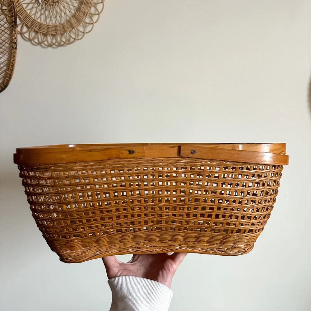 Large Bamboo Rattan Shopping Basket Vintage Bohemian Cottage Core Farmhouse